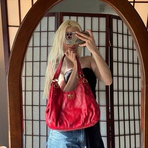 Coach Red Leather Shoulder Hobo with Gold-Tone Hardware